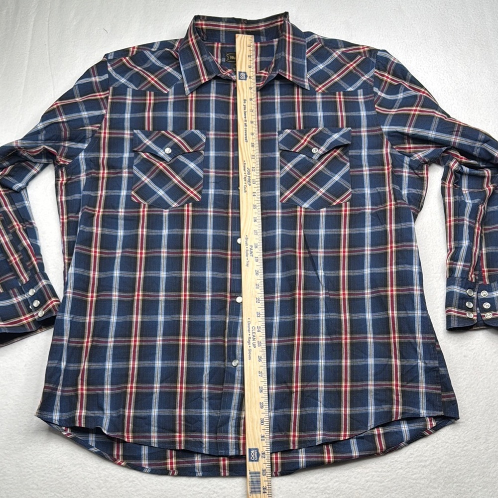 Casual Button Down Shirt Blue Red plaid pearl snaps buttons size XL long sleeve - Picture 4 of 7